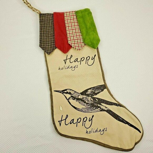 Pier 1 Christmas Stocking Beige Bird Happy Holiday - Picture 1 of 7
